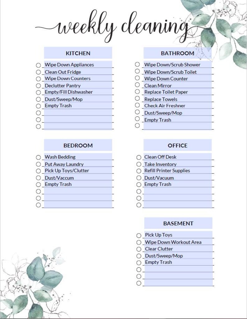 WEEKLY CLEANING Printable Cleaning Chart Fillable Cleaning | Etsy