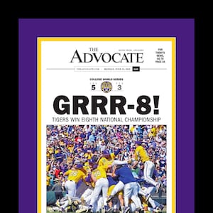 LSU Tigers Baseball - 2025 NCAA / College World Series Title - The Advocate - &quot;GRRR-8!&quot; - Double Matted & Framed in Authentic Team Colors