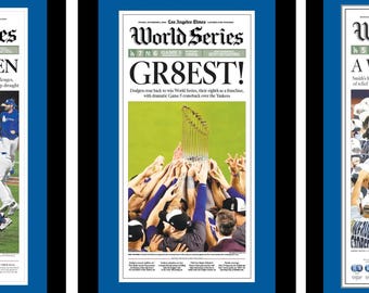 Los Angeles Dodgers - '20, '24, '25 World Series Dynasty Set - LA Times Newspapers (3) - Double Matted, Framed in Authentic Team Colors
