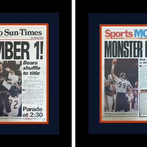 Chicago Bears - 1986 Super Bowl XX Champions - Chicago Sun Times Newspaper Covers (2) - Double Matted & Framed in Authentic Team Colors