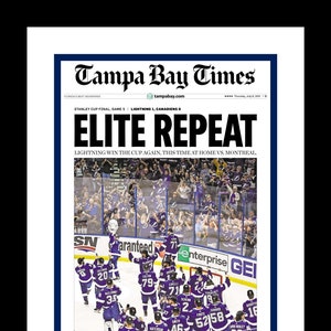Tampa Bay Lightning - 2021 NHL Stanley Cup Title - Tampa Bay Times - &quot;ELITE REPEAT&quot; - Double Matted & Framed in Authentic Team Colors