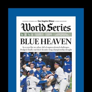 LA Dodgers Newspaper - 2020 World Series Champions - Los Angeles Times - &quot;BLUE HEAVEN&quot; - Double Matted, Framed in Authentic Team Colors