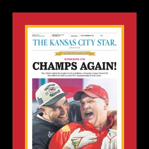 Kansas City Chiefs - 2023 Super Bowl Title - K.C. Star Newspaper - Kelce / Reid Cover Ed.  - Double Matted & Framed in Authentic Team Colors
