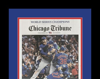Chicago Cubs - 2016 World Series Champions - Chicago Tribune Newspaper - Double Matted & Framed in Authentic Team Colors