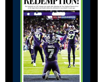 Seattle Seahawks - 2026 NFL Super Bowl Champions - Seattle Times Newspaper - "REDEMPTION!" - Double Matted & Framed in Authentic Team Colors
