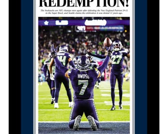 Seattle Seahawks - 2026 NFL Super Bowl Champions - Seattle Times Newspaper - "REDEMPTION!" - Double Matted & Framed in Authentic Team Colors