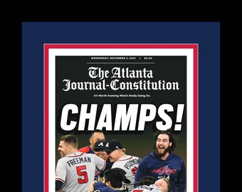 Atlanta Braves - 2021 World Series Title - Atlanta Journal Constitution - "CHAMPS!"- Double Matted & Framed in Authentic Team Colors