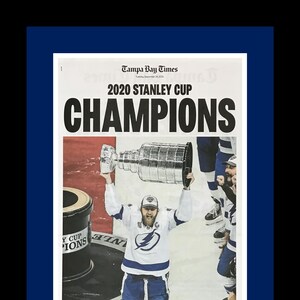 Tampa Bay Lightning - 2020 NHL Stanley Cup Title - Tampa Bay Times Newspaper - &quot;CHAMPIONS&quot; - Double Matted & Framed in Authentic Team Colors