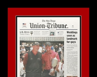 Tiger Woods - 2008 U.S. Open Championship (Torrey Pines) - The San Diego Union Tribune - "Tiger, Torrey Triumph" - Double Matted & Framed