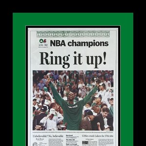 Boston Celtics - 2008 NBA Champions - Boston Globe Newspaper - &quot;Ring it up!&quot;  - Double Matted & Framed in Authentic Team Colors
