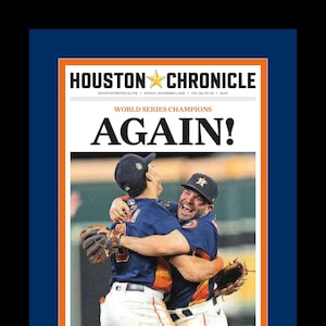 Houston Astros - 2022 World Series Title - Houston Chronicle Newspaper - &quot;AGAIN!&quot; - Double Matted & Framed in Authentic Team Colors