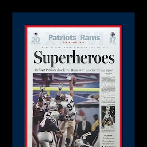 New England Patriots - 2002 Super Bowl Title - Boston Globe Newspaper - &quot;Superheroes&quot; - Double Matted & Framed in Authentic Team Colors