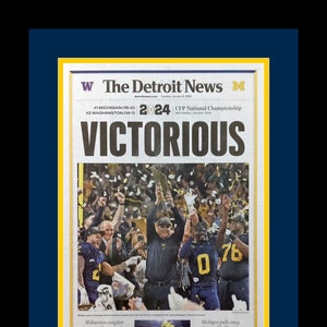 Michigan Wolverines  - 2024 NCAA Football Title - The Detroit News - &quot;VICTORIOUS&quot; - Double Matted & Framed in Authentic Team Colors