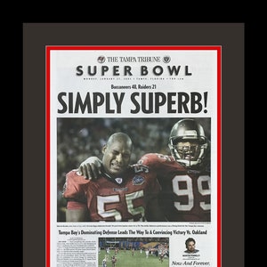 Tampa Bay Buccaneers - 2003 NFL Super Bowl Title - The Tampa Tribune - &quot;SIMPLY SUPERB!&quot; - Double Matted & Framed in Authentic Team Colors