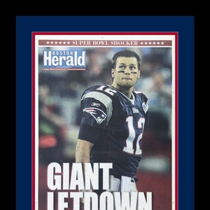 New York Giants - 2008 Super Bowl - Giants Beat Undefeated Pats - Boston Herald - &quot;GIANT LETDOWN&quot; - Double Matted & Framed in Team Colors