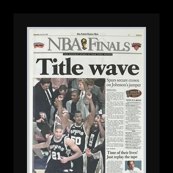 San Antonio Spurs - 1999 NBA Title - San Antonio Express News - "Title Wave" - Double Matted & Framed in Authentic Team Colors