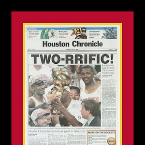 Houston Rockets - 1995 NBA Championship - Houston Chronicle Newspaper - &quot;TWO-RRIFIC!&quot; - Double Matted & Framed in Authentic Team Colors