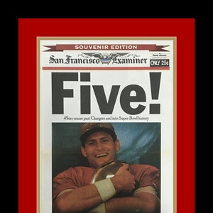 San Francisco 49ers - 1995 Super Bowl Champions - S.F. Examiner Newspaper - &quot;Five!&quot; - Double Matted & Framed in Authentic Team Colors