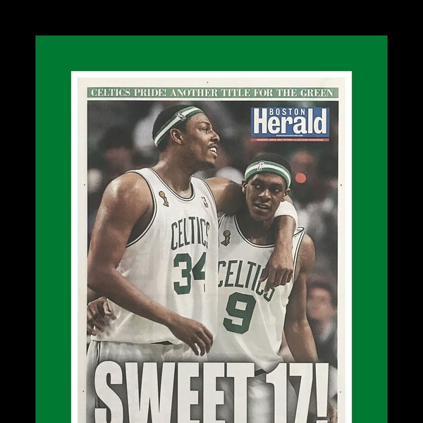 Boston Celtics - 2008 NBA Champions - Boston Herald Newspaper - "SWEET 17!"  - Double Matted & Framed in Authentic Team Colors