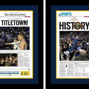 Denver Nuggets / Nikola Jokic - 2023 NBA Champions - The Denver Post (2) - Double Matted & Framed in Authentic Team Colors