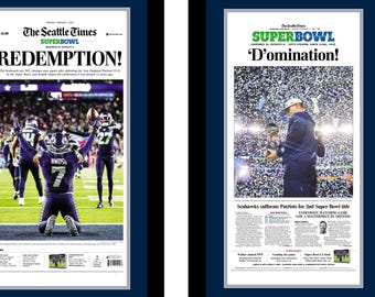 Seattle Seahawks - 2026 NFL Super Bowl Champions - Seattle Times Newspapers (2) - Double Matted & Framed in Authentic Team Colors