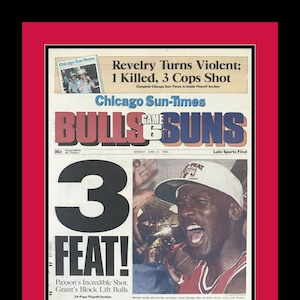Chicago Bulls / Michael Jordan - 1993 NBA Title - Chicago Sun Times - &quot;3-Feat!&quot; - Double Matted & Framed in Authentic Team Colors