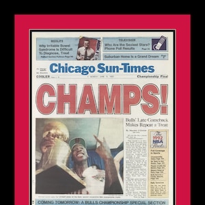Chicago Bulls / Michael Jordan - 1992 NBA Champions - Chicago Sun Times - &quot;CHAMPS!&quot; - Double Matted & Framed in Authentic Team Colors