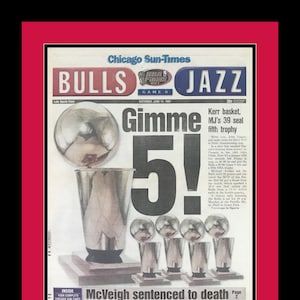 Chicago Bulls / Michael Jordan - Tytuł NBA 1997 - Chicago Sun Times - „Gimme 5!” - Podwójna oprawa i passe-partout w autentycznych kolorach drużyny
