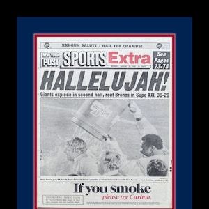 New York Giants - 1987 Super Bowl Champions - NY Post Newspaper - &quot;HALLELUJAH!&quot; - Double Matted & Framed in Authentic Team Colors