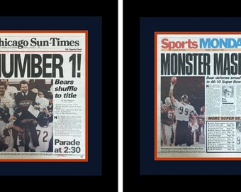 Chicago Bears - 1986 Super Bowl XX Champions - Chicago Sun Times Newspaper Covers (2) - Double Matted & Framed in Authentic Team Colors