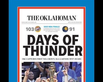 Oklahoma City Thunder - 2025 N.B.A Champions - The Oklahoman Comm Ed. - "DAYS OF THUNDER"  - Double Matted & Framed in Authentic Team Colors