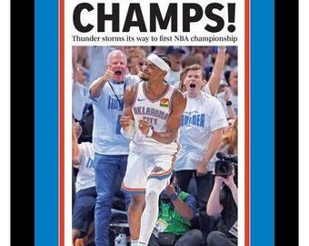 Oklahoma City Thunder - 2025 NBA Champions - The Oklahoman Newspaper Comm Ed. - "CHAMPS!"  - Double Matted & Framed in Authentic Team Colors