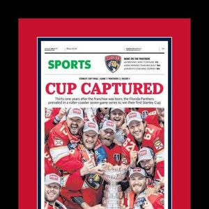 Florida Panthers - 2024 NHL Stanley Cup Champions - Miami Herald - &quot;CUP CAPTURED&quot; - Double Matted, Framed in Authentic Team Colors