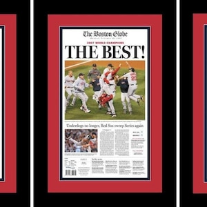 Boston Red Sox - 2004, 2007, 2013, & 2018 World Series Titles - Boston Globe Newspapers (4) - Double Matted, Framed in Authentic Team Colors