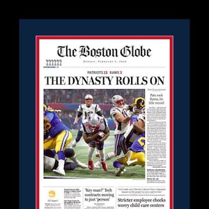 New England Patriots - 2019 Super Bowl Title - Boston Globe Newspaper - &quot;Dynasty Rolls On&quot; - Double Matted & Framed in Authentic Team Colors