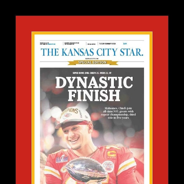 Kansas City Chiefs - 2024 Super Bowl Title - K.C. Star Newspaper - "DYNASTIC FINISH!" Double Matted & Framed in Authentic Team Colors