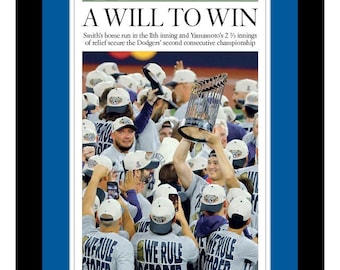 Los Angeles Dodgers- 2025 World Series Champions - LA Times Newspaper - "A Will To Win" - Double Matted, Framed in Authentic Team Colors