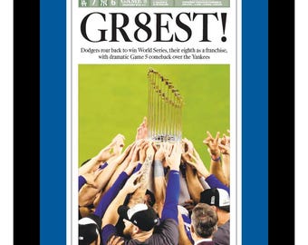 Los Angeles Dodgers - 2024 World Series Title - Los Angeles Times Newspaper - "GR8EST!" - Double Matted, Framed in Authentic Team Colors