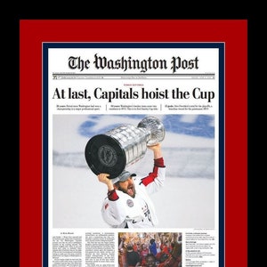 Washington Capitals - 2018 Stanley Cup Title - Washington Post Newspaper - "At Last" - Double Matted & Framed in Authentic Team Colors