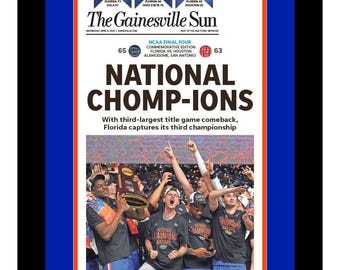 Florida Gators - 2025 NCAA Basketball Title - The Gainesville Sun - "NATIONAL CHOMPIONS" - Double Matted, Framed in Authentic Team Colors