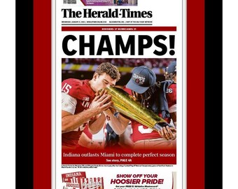 Indiana Hoosiers  - 2026 BCS / NCAA Football Title - Bloomington Herald Times - "CHAMPS!" - Double Matted & Framed in Authentic Team Colors