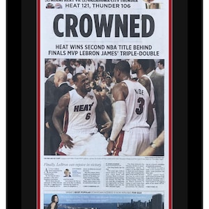Miami Heat - 2012 NBA Title - LeBron and D-Wade - Miami Herald Newspaper - "CROWNED" - Double Matted & Framed in Authentic Team Colors