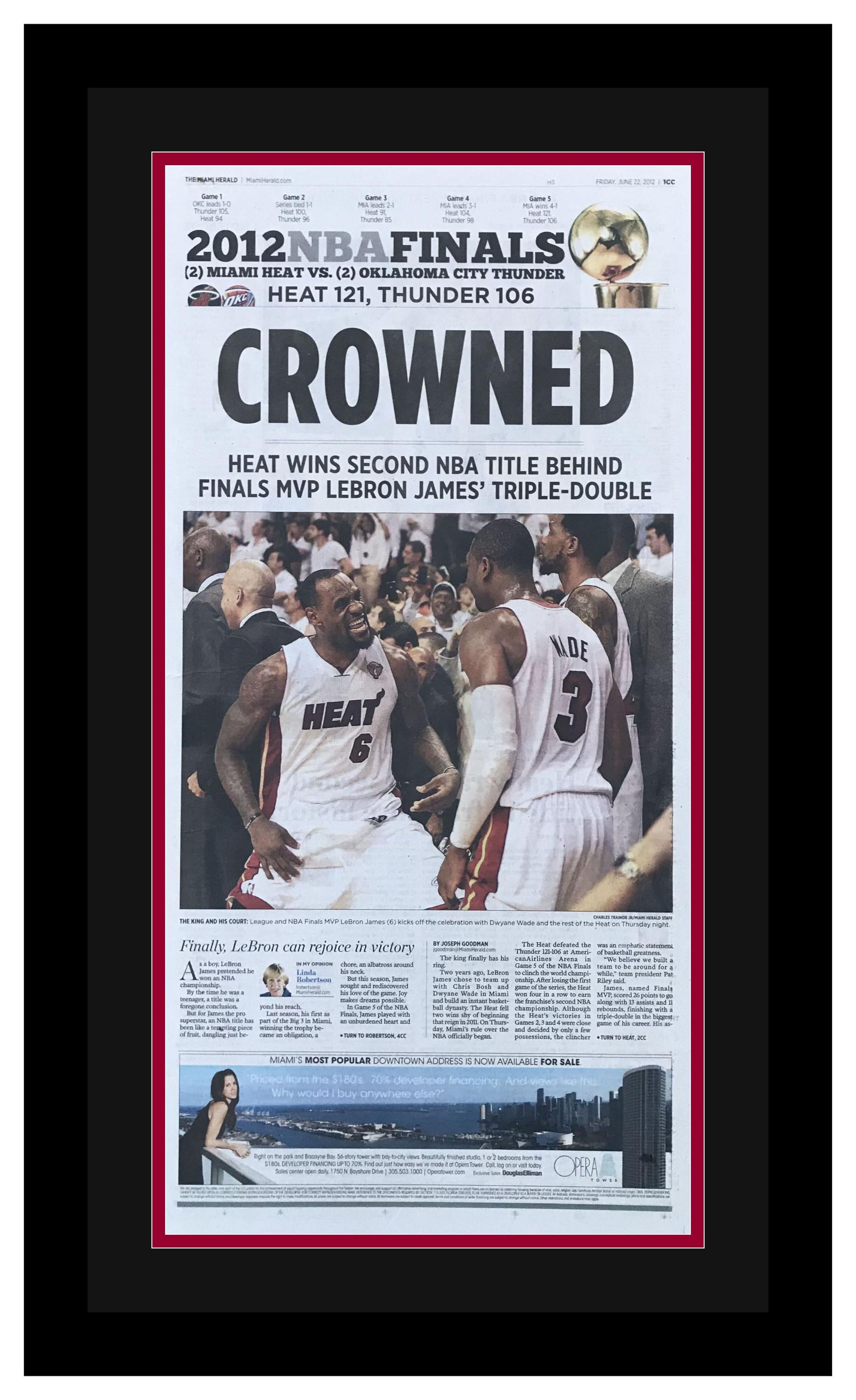 Miami Heat – 2012 NBA Title – LeBron and D-Wade – Miami Herald Newspaper – “CROWNED” – Double Matted & Framed in Authentic Team Colors