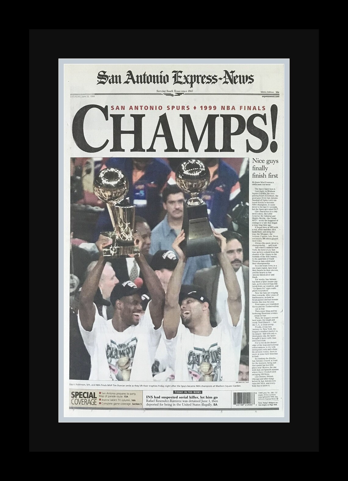San Antonio Spurs 1999 NBA Title San Antonio Express News Etsy