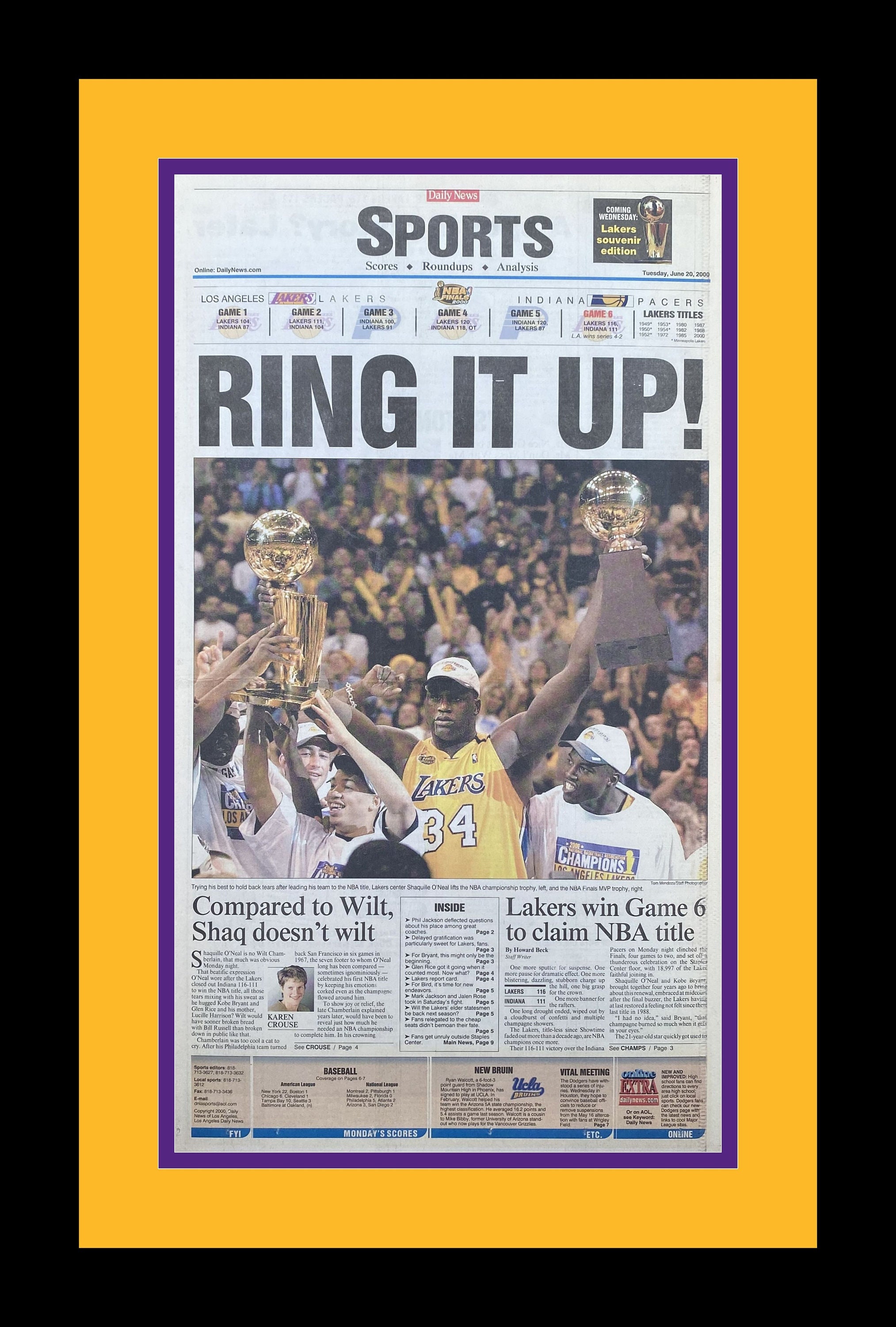 Los Angeles Lakers - 2000 NBA Title - Kobe / Shaq - L.A. Daily News - "Ring It Up!" - Double Matted & Framed in Authentic Team Colors