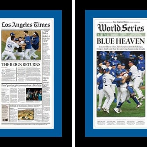 Los Angeles Dodgers - 2020 MLB World Series Champions - L.A. Times Newspapers (2) - Double Matted & Framed in Authentic Team Colors