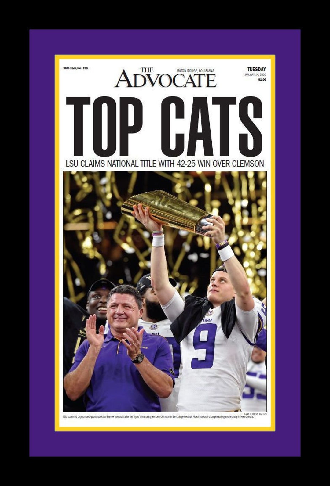 LSU Tigers Joe Burrow 2020 NCAA Title Newspaper the Times