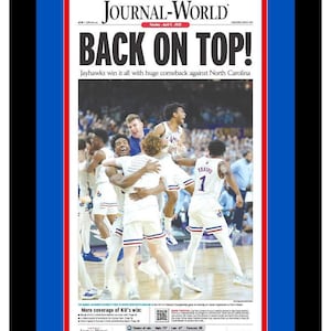University of Kansas Jayhawks -  2022 NCAA Basketball Champions - Lawrence Journal World - Double Matted & Framed in Authentic Team Colors