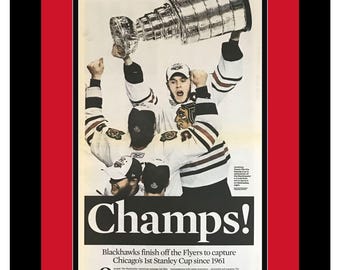 Chicago Blackhawks - 2010 NHL Stanley Cup Title - Chicago Tribune Newspaper - "Champs!" - Double Matted and Framed in Authentic Team Colors