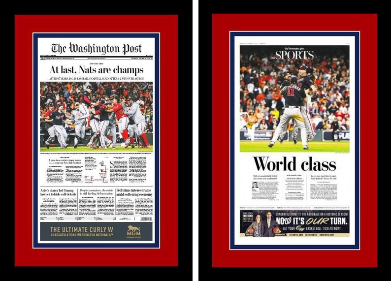Washington Nationals 2 2019 World Series Champions Washington Post Newspapers - Double Matted Framed in Authentic Team Colors